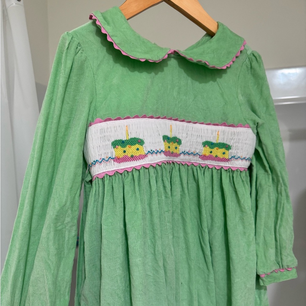 Birthday Cake Green Corduroy Dress with Embroidered Detail 6y